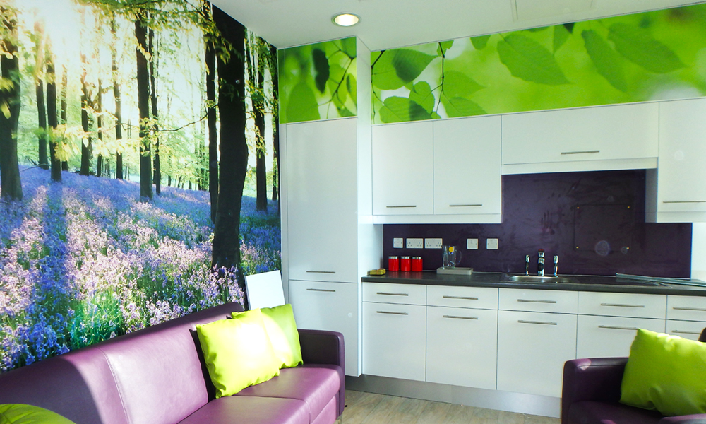 Teenage Cancer Trust room with purple couches, white cabinets, wall art showing sun shining through trees about ground covered in heather.  The room contains purple couches with green cushions which co-ordinate with the mural.